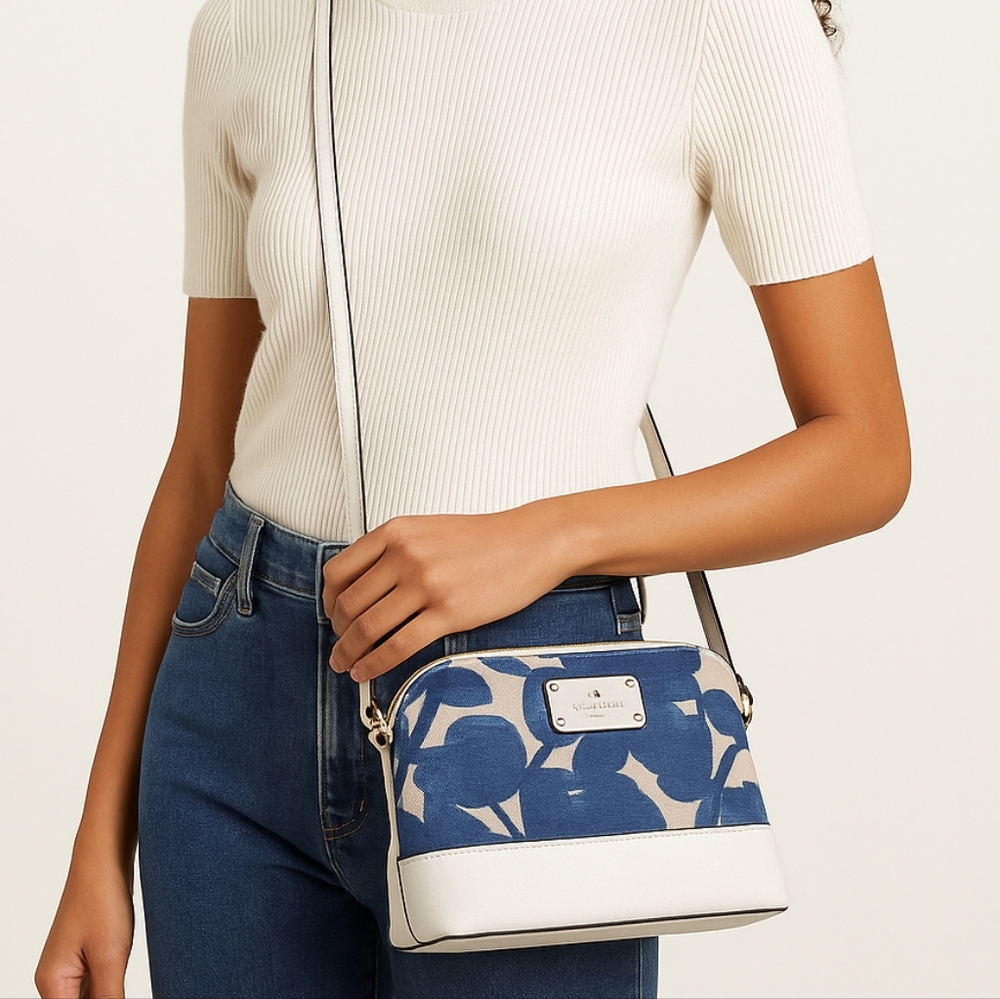 Kate Spade Duet Vase Floral Crossbody Blue Canvas Leather Bag KH763